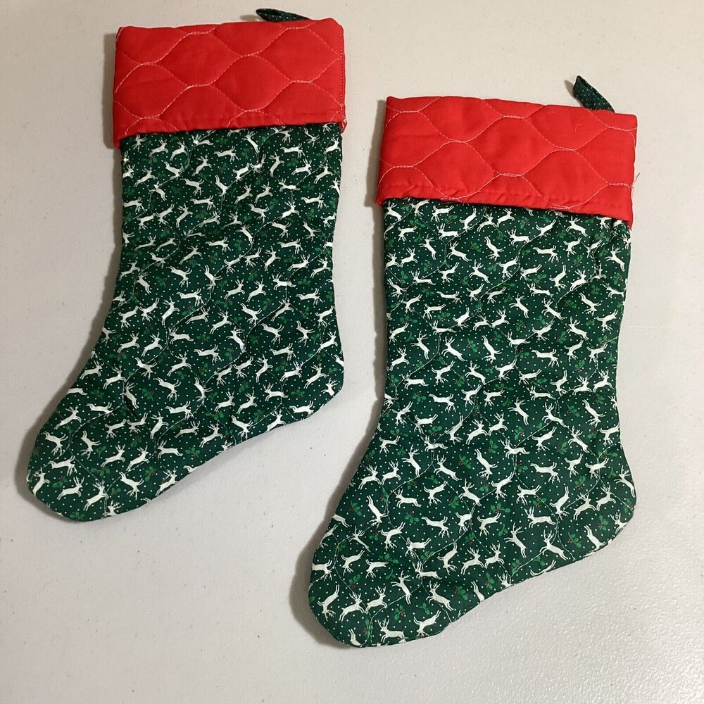 Large Green Reindeer Christmas Stockings - Set Of 2 - Red Cuff